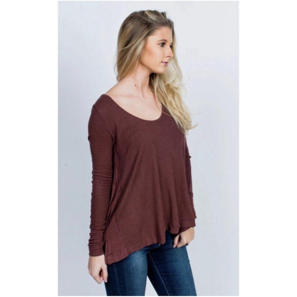Free People We The Free Women Small Brown Long Sleeve Waffle Knit Loose Fit Top